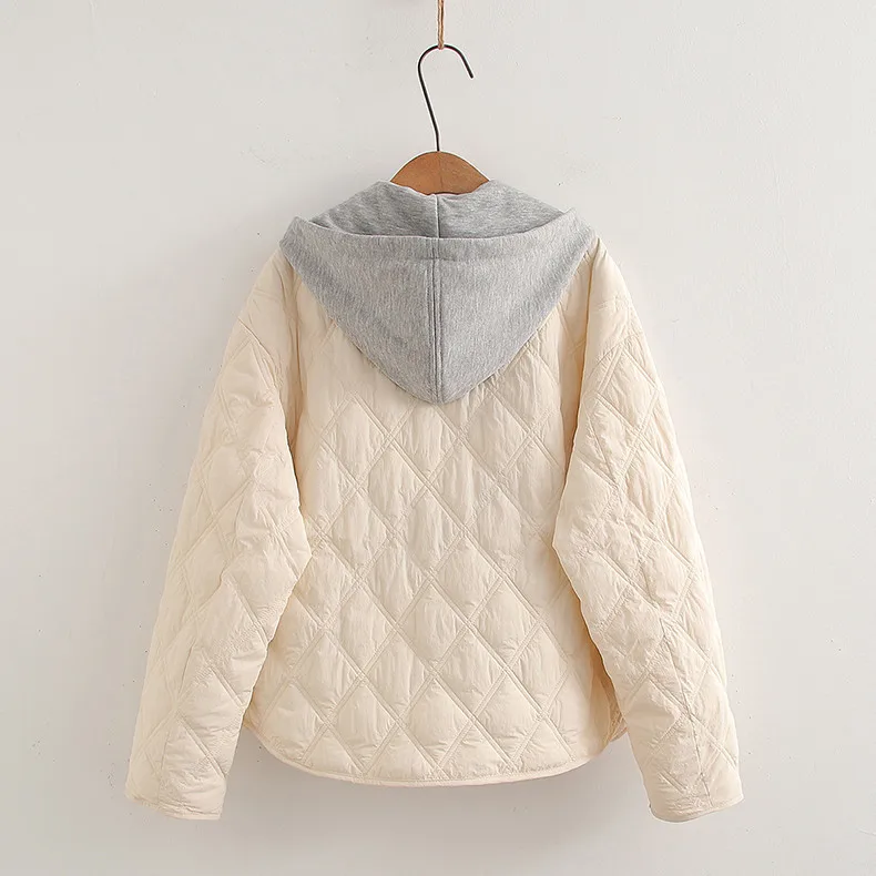 Nowa kurtka ocieplana na jesień 2025, damska, z kapturem, kieszeniami, patchworkowa, w stylu Mori Girl Preppy, ciepła, codzienna, luźna odzież wierzchnia, zimowa C5O028CC
