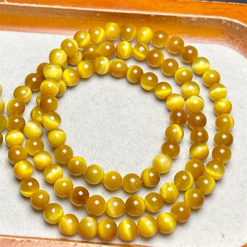 

6MM Natural Gold Tiger Eye Stone Triple Circle Bracelet Women Fashion Healing Crystal Round Lovers Strand Jewelry Gift 1PCS