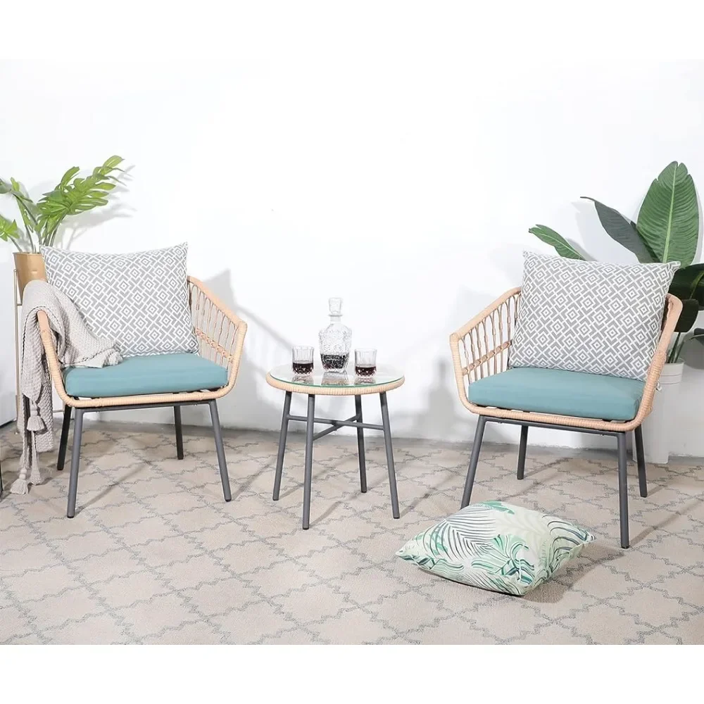 

3 Piece Patio Furniture Outdoor Conversation Bistro Set with Tempered Coffee Table & Rattan Chairs for Garden, Green