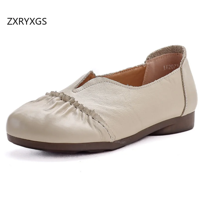 ZXRYXGS Promotion Soft Cowhide Retro Mother's Flats Fashion Shoes Autumn 2026 Soft Sole Comfortable Trendy Shoes Women Flat Shoe
