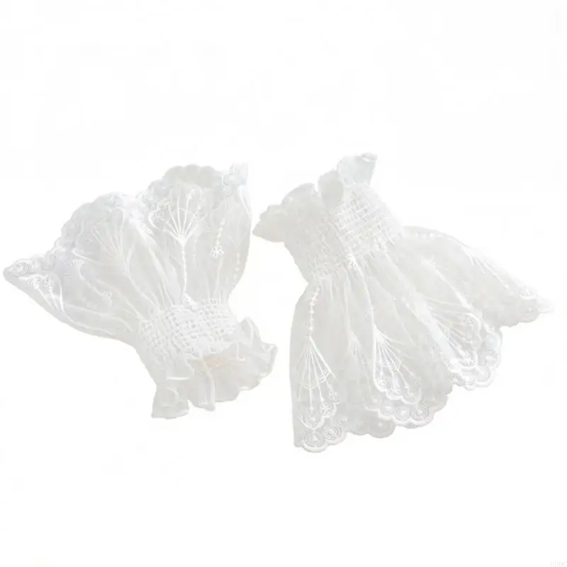 White Fingerless Lace Gloves with Ruffle Cuffs Hand Sleeves for Dressing Up Looks Y166