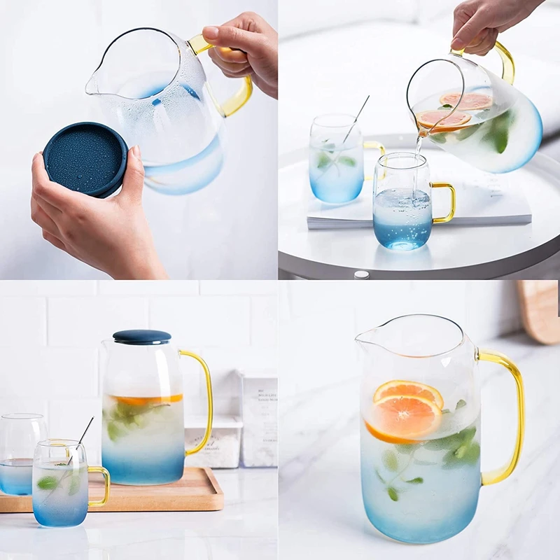 2X Glass Pitcher With Lid,Lemonade Pitcher,Tea Pitcher,Borosilicate Glass Carafe,For Hot And Cold Water,Drinks,Wine,Tea