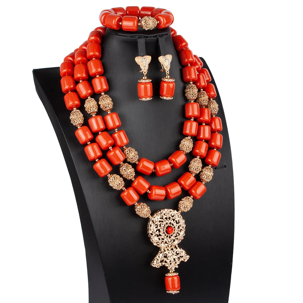 New Artificial Coral African Beads Jewelry Set Big Brooch Three Layers Nigerian Wedding Costume Jewelry SetABS200