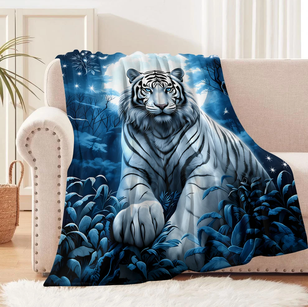 1 Stück weiße Tiger-Decke mit Mondmotiv, Tierdeko, dünne Flanelldecke für Zuhause, Büro, Reisen und Camping, ideales Geschenk, für alle Jahreszeiten geeignet.