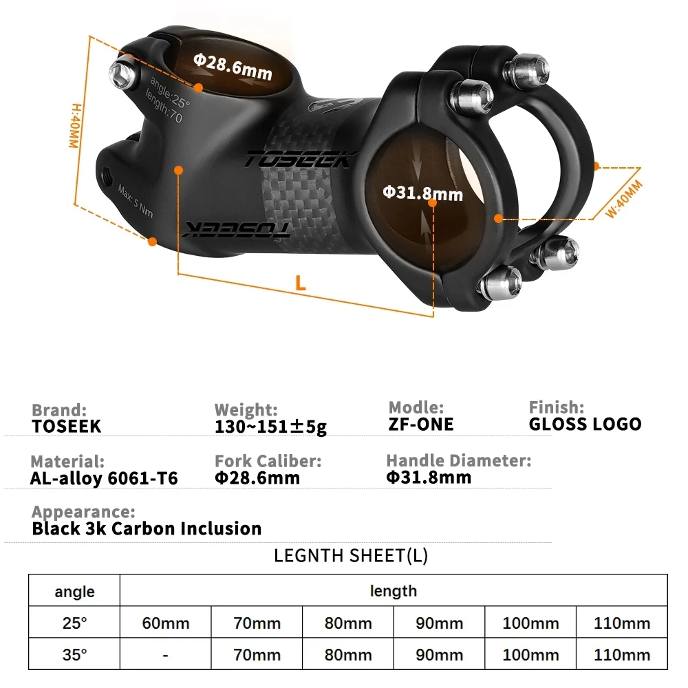 TOSEEK ZF-ONE Bike Stem Mountain Bicycle Handlebar Stems Angle 25 / 35 Degrees Diameter 28.6X31.8mm