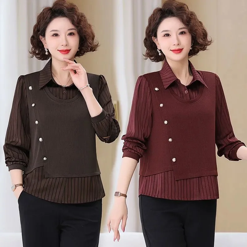 

Middle Aged Mom Large Size 5XL Striped Blouse Autumn Female Fake Two Piece Shirts Coat Lady Fashion Long Sleeves Patchwork Shirt