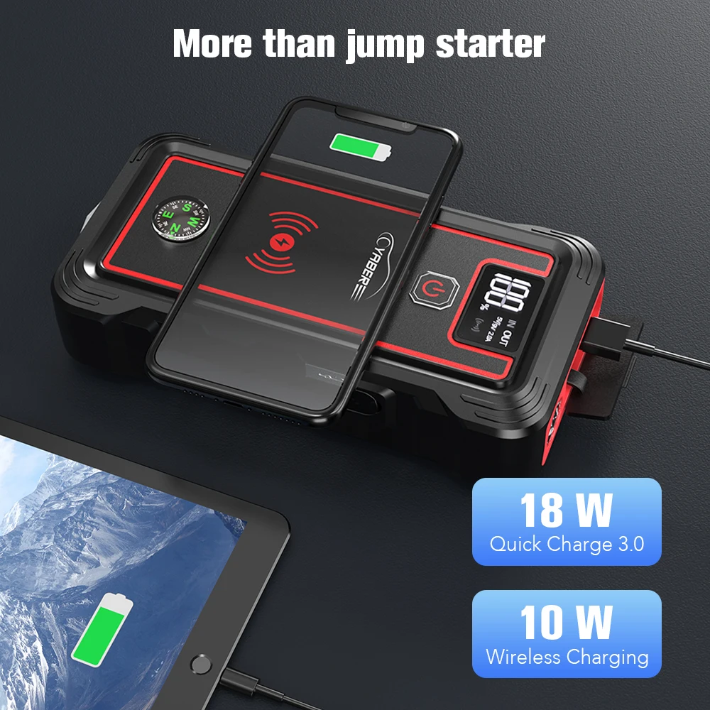 YABER Car Battery Charger 2500A Jump Starter 23800mAh Power Bank With 10W Wireless Charger Portable Auto Booster Starting Device