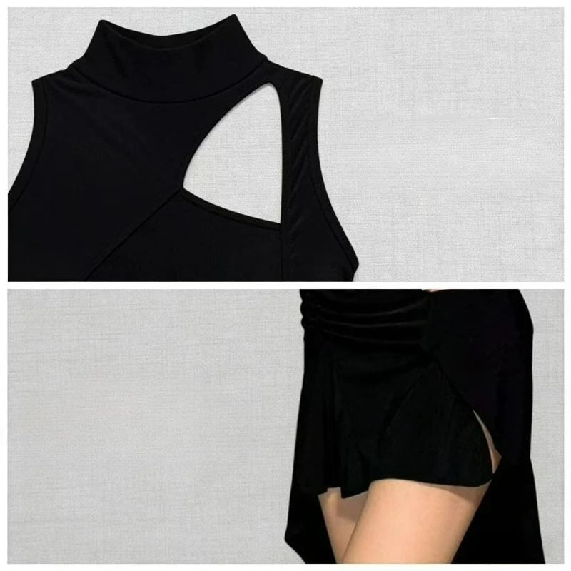 

Adult Latin Dance for Womens Sleeveless Cut Out Black Tops High Slit Skirt Practice Clothes Cha Cha Rumba Performance Dancewear