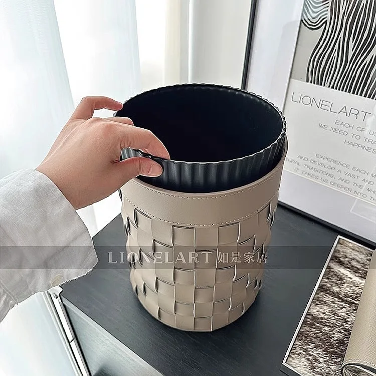 Handwoven Saddle Leather Trash Bin Multi-Surface Waste Basket for Desktop Car Console Bedside
