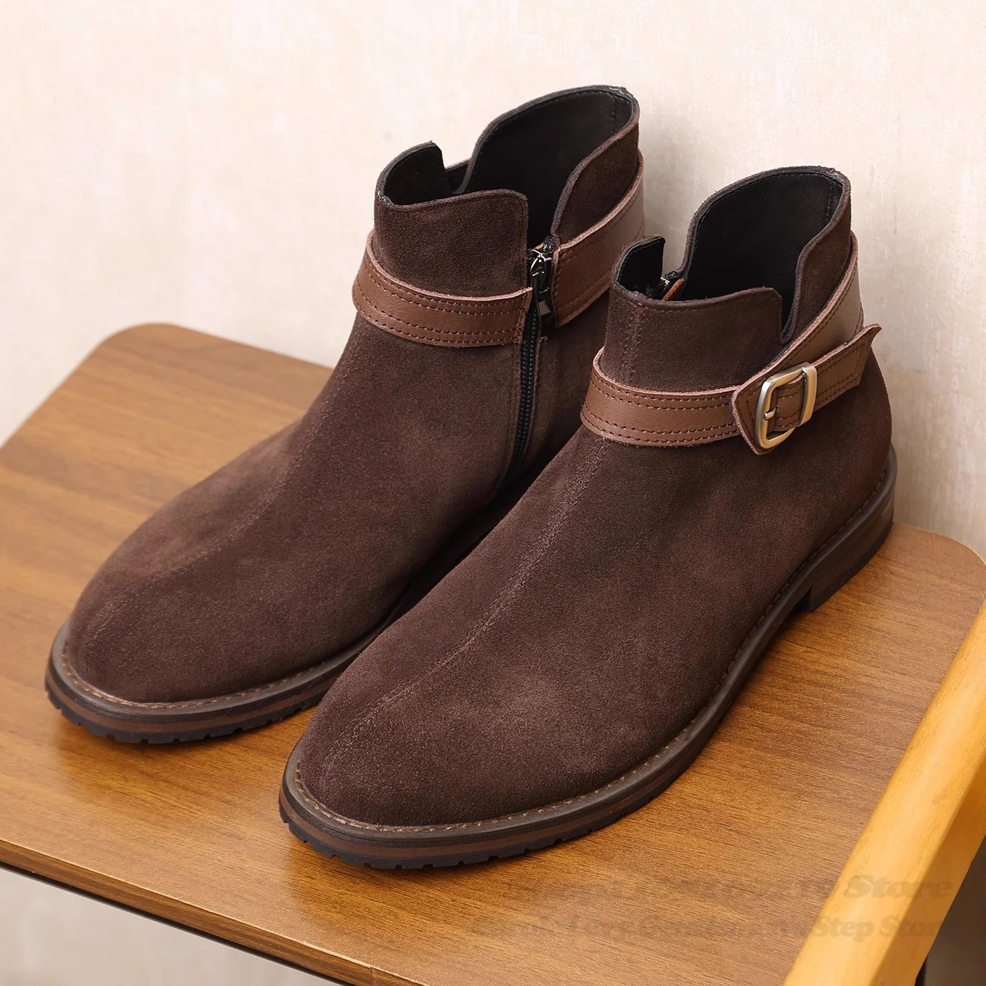 

Retro Suede Genuine Leather Chelsea Boots Men Round Toe Zipper Belt Buckle Thick Heel British Style Winter New Mid-Calf Boots