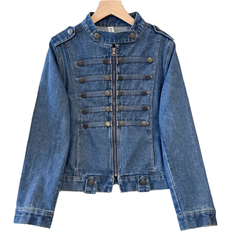 Heavy Work Pearl Beaded Blue Short Denim Jacket Autumn Women Lapel Single-Breasted Long-Sleeved Jeans Jacket Chaqueta Mujer