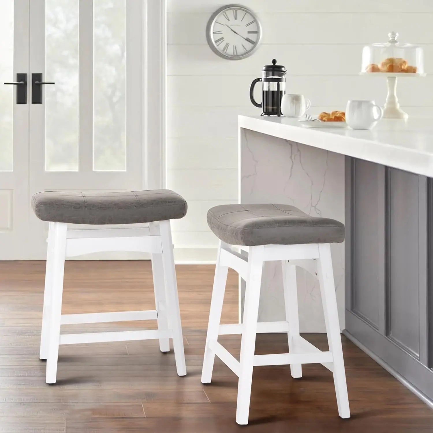 

White Grey Solid Wood Bar Stools Set Of 2 For Kitchen Counter Height Farmhouse Barstools With Faux Leather Seat Upholstered
