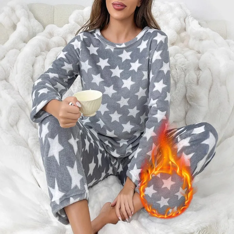 

Winter Pajamas Warm and Comfortable Soft Long Sleeve Trousers Printed Student Loungewear 2 Piece Set Large Size Cute Sleepwear