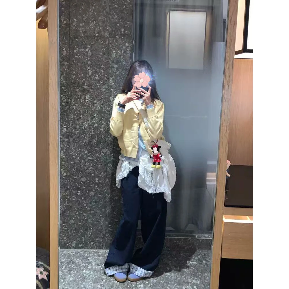 Sweet Simple round Ne Splice Knitted Open Cardigan Women's Design Slimming Versatile Top Early Autumn 2025 Commute Sle Lo...