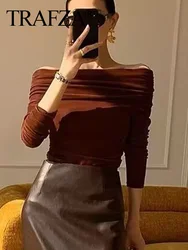 TRAFZA Female Elegant Solid 2-Color One Collar Long Sleeve Tops Women's Spring Velvet Pleated Decoration Top Streetwear Mujer