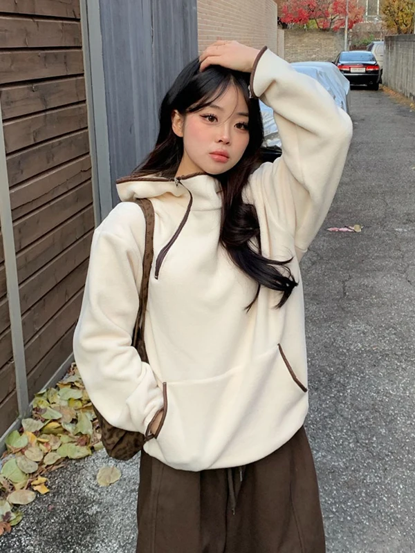 Sudadera con capucha Fce de doble cara de Faion coreana para mujer, sudadera holgada de invierno para exteriores, sudadera de moda