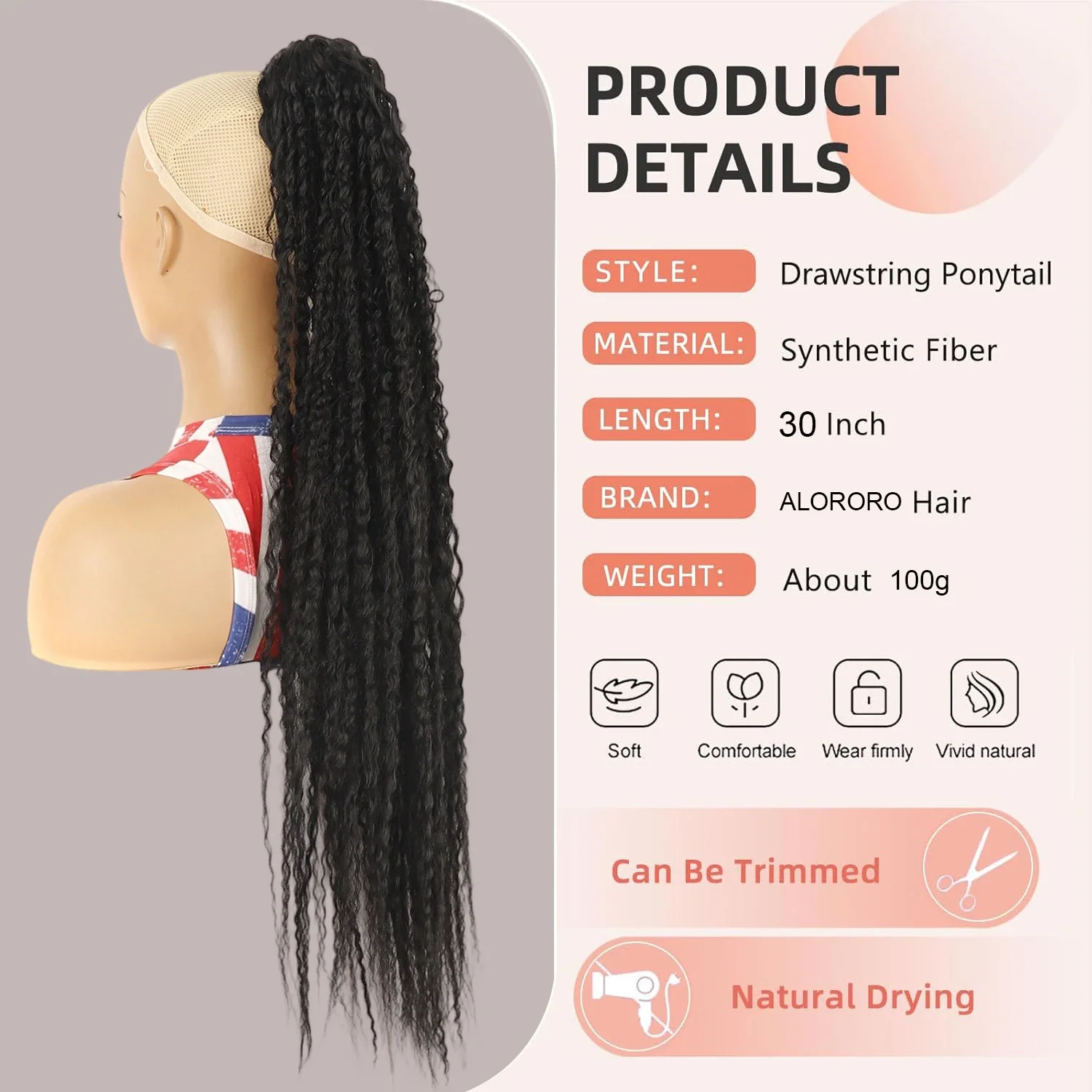 30Inch Synthetic Hair Fiber Long Wavy Hair Ponytail Extensions Fake Hair Chip-In Ombre Heat Resistant Curly Pony Tail
