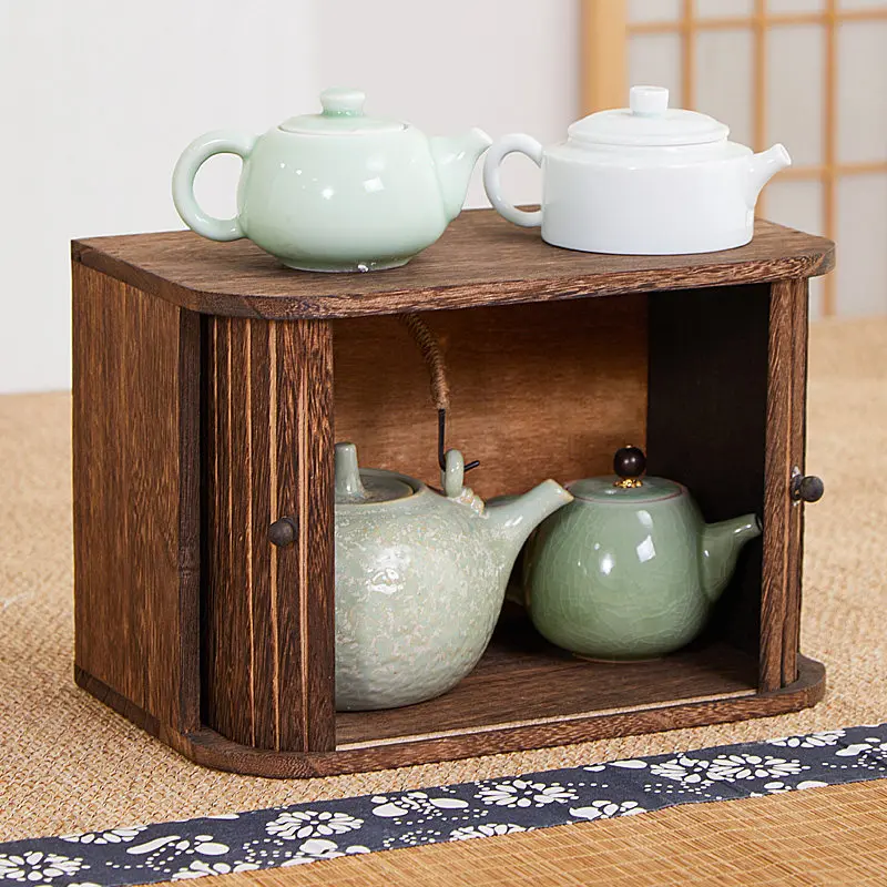Solid Wood Dustproof Display Cabinet, Roller Door Desktop Storage Box for Tea Sets,Creative Home Decor Organizer for Living Room