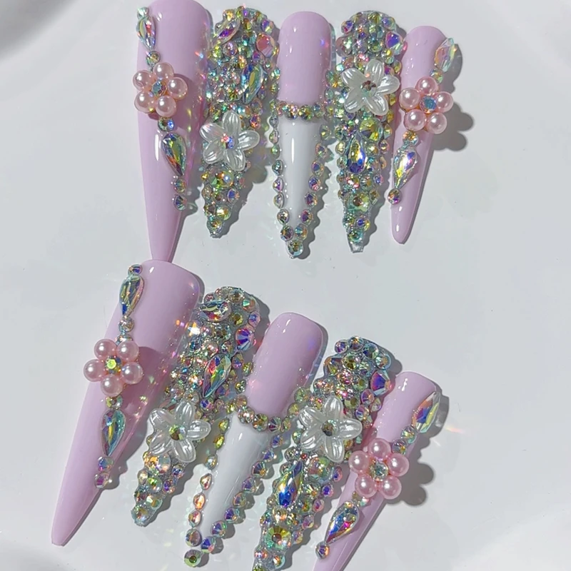 Atacado artesanal xxxl longo 10 pçs imprensa em unhas y2k bling strass longo stiletto quadrado unhas falsas reutilizáveis unhas falsas