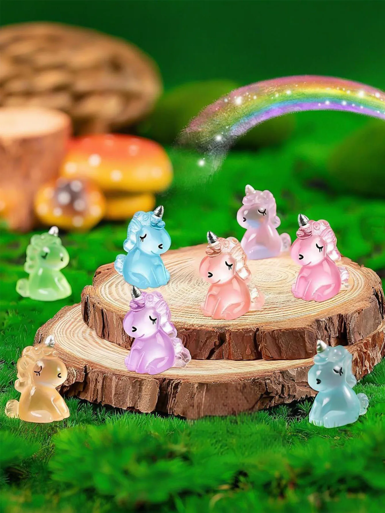 10/20 Stück leuchtende Mini-Einhorn-Figuren aus Kunstharz, die im Dunkeln leuchten, winzige Einhorn-Ornamente für DIY-Feengarten-Landschaften – Detail 8