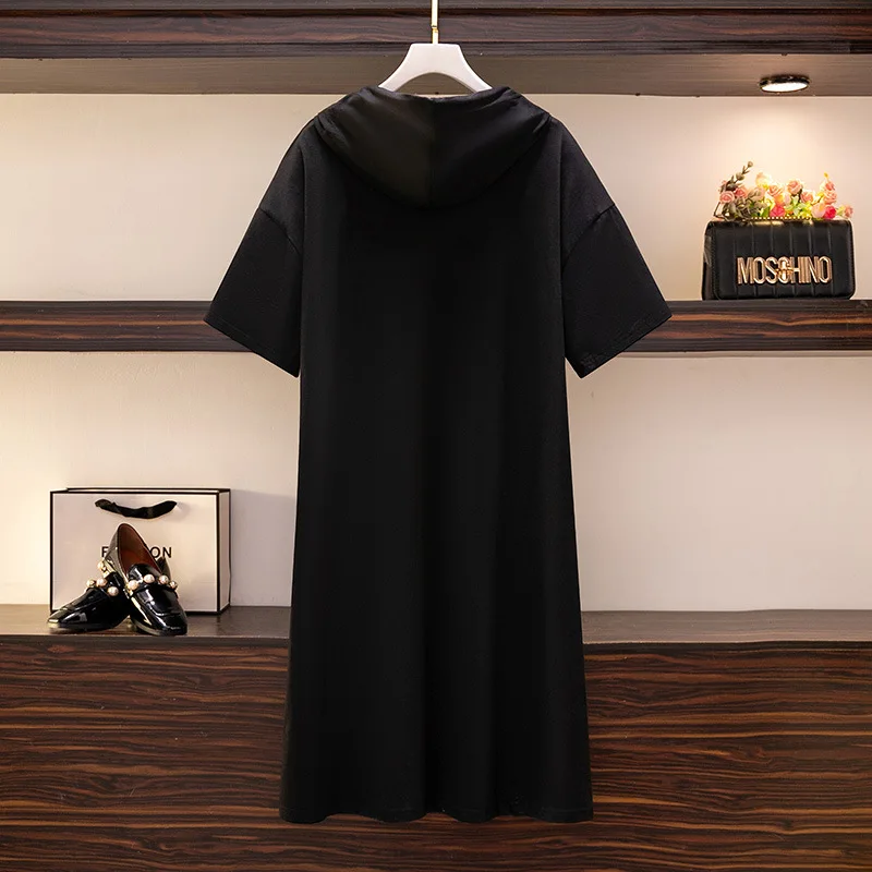 Large Size Women's Bust 157 Summer Loose Short-Sleeved Hooded Zipper T-Shirt Dress Black 6XL 7XL 8XL 9XL 10XL 150kg