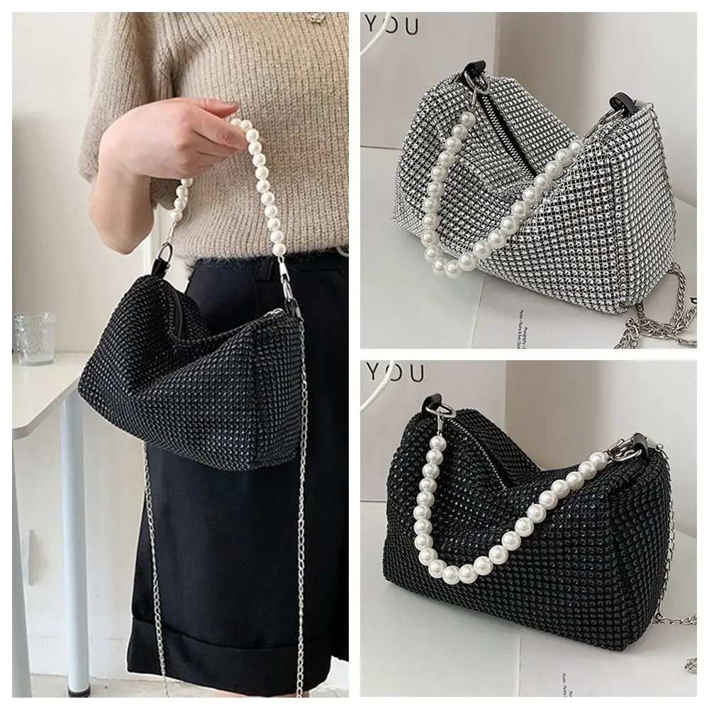 Large Capacity Rhinestone Handbag Pearl Chain Mobile Phone Bag Small Square Bag Coin Purse Shoulder Pouch Women Shoulder Bag