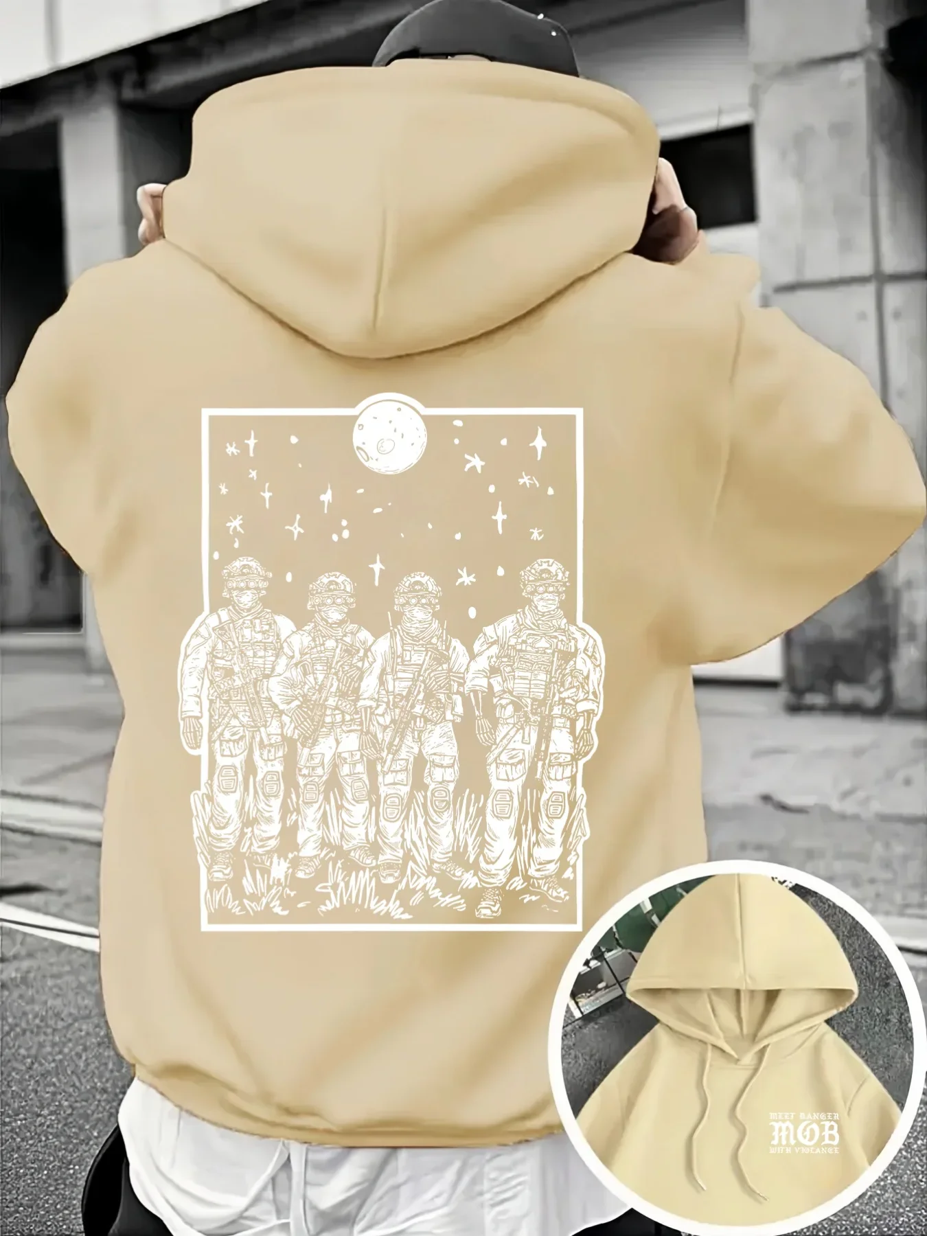 Men’s Starry Night Soldier Squad Graphic Hoodie Vintage Art Print Loose Fit Streetwear Pullover Autumn Winter Fleece Lined