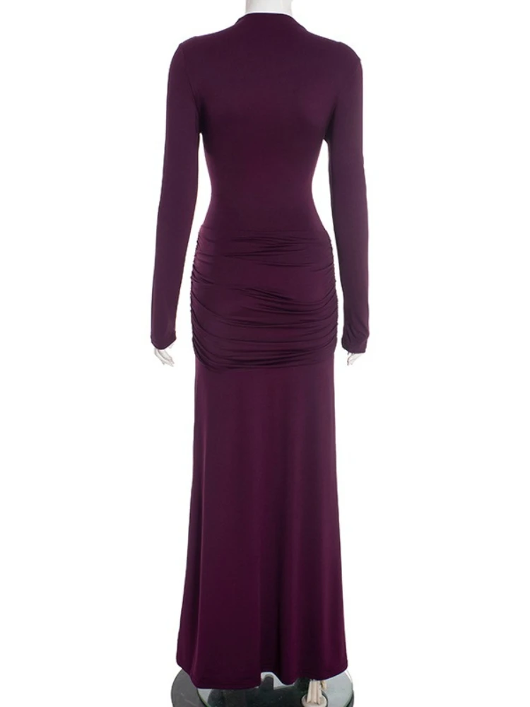 SsTss Wycięta Sukienka Maxi na Wieczorne Przyjęcia, Elegancka, Jednolita, z Imitacją Golfu, Długi Rękaw, Marszczona, Wiązana, na Formalne Okazje, Długie Suknie