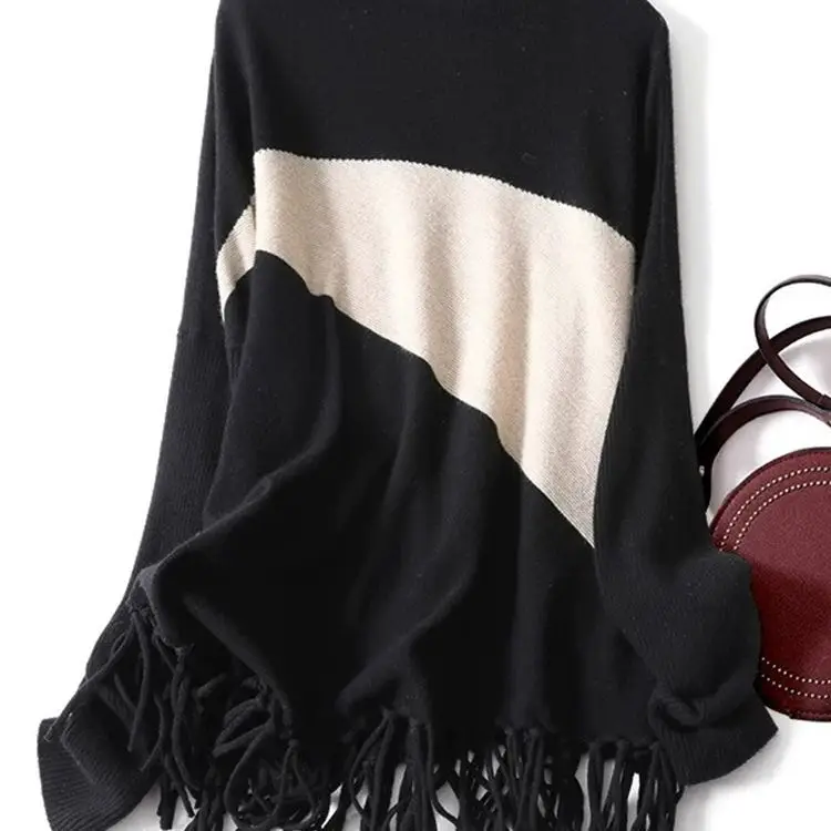 

Women's Half Turtleneck New Pullover Sweater Korean Style Loose Poncho Coat with Tassel Autumn Winter New Female M82