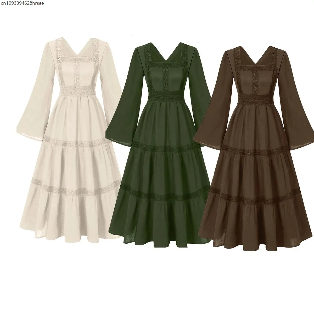 

Medieval Victorian Women Dress Lace Trim Style Square Neck Long Sleeve Lolita Party Costume Renaissance Solid Color Vestido
