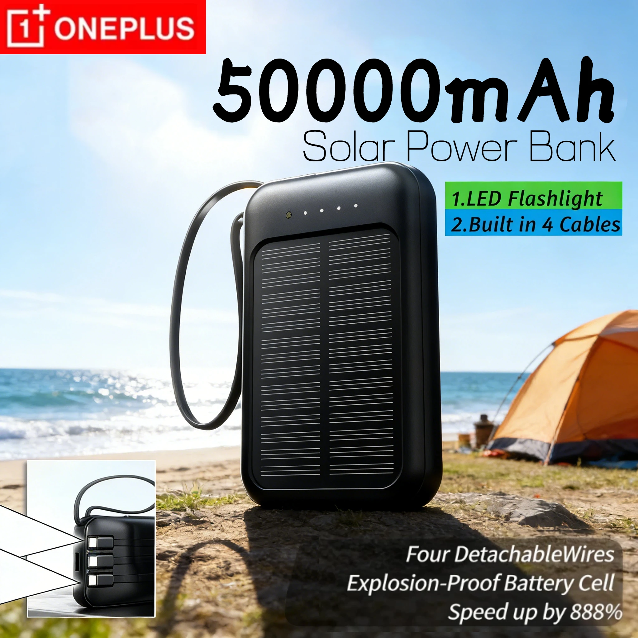Oneplus 50000mAh Solar Power Bank LED Light Built in Cables Solar Charger 2USB Ports External Charger Powerbank Ultra Capacity