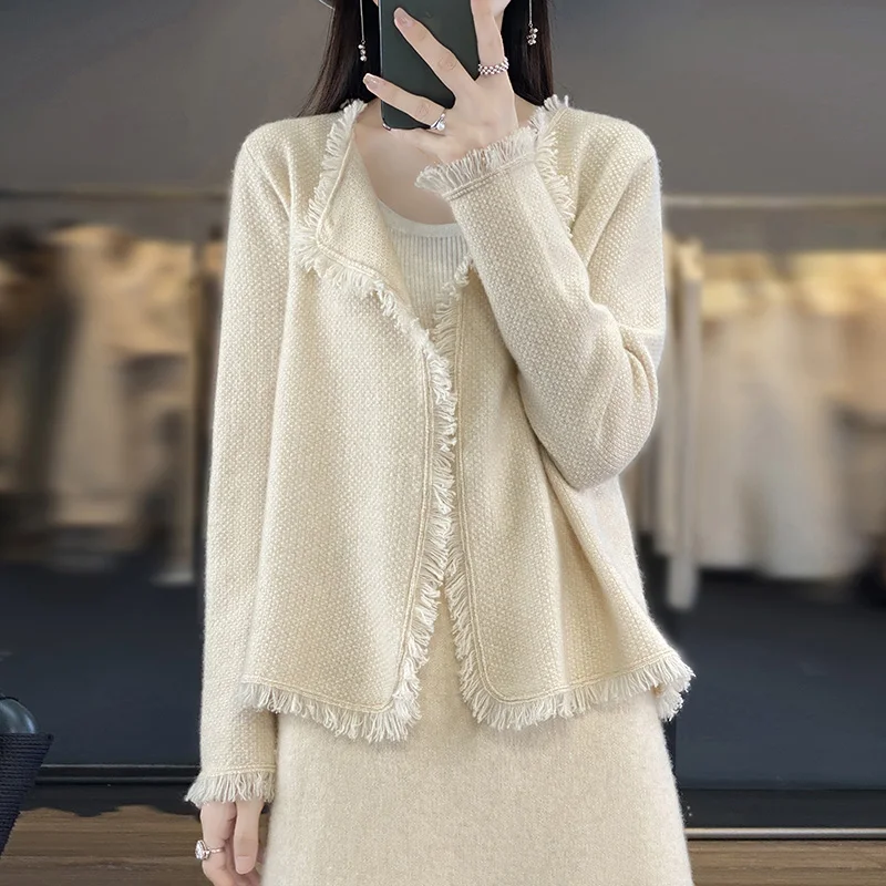 

European and American Trend 100% Pure Wool Cardigan Women's Sweater New Knitted Full Sleeve O-Neck Women's Coat short Cardigan