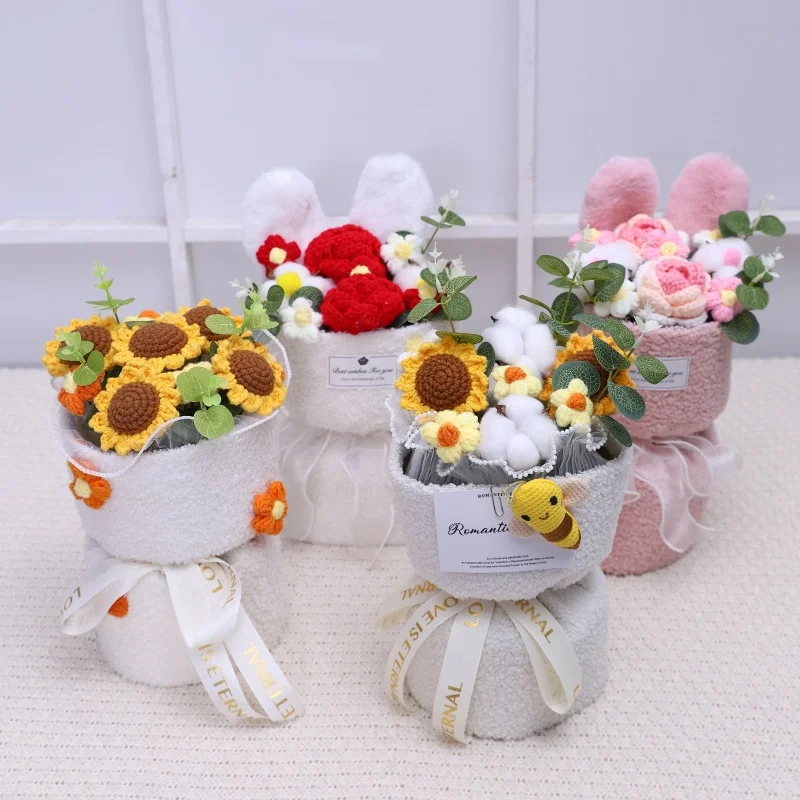 Girasoli rosa Piante di peluche Bouquet creativi lavorati a maglia con finitura all'uncinetto San Valentino Regalo di laurea di compleanno per la festa della mamma