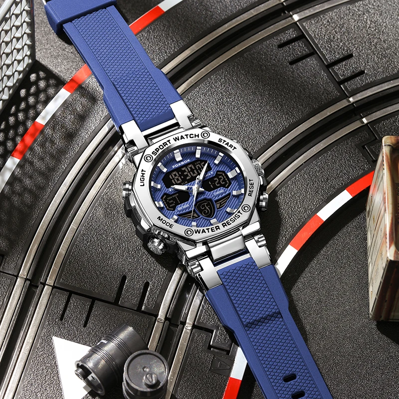 FOXBOX Outdoor Fashion Luxury Silicone Digital Electronic Watch Casual Sport Watches for Men Waterproof Multifunctional Luminous