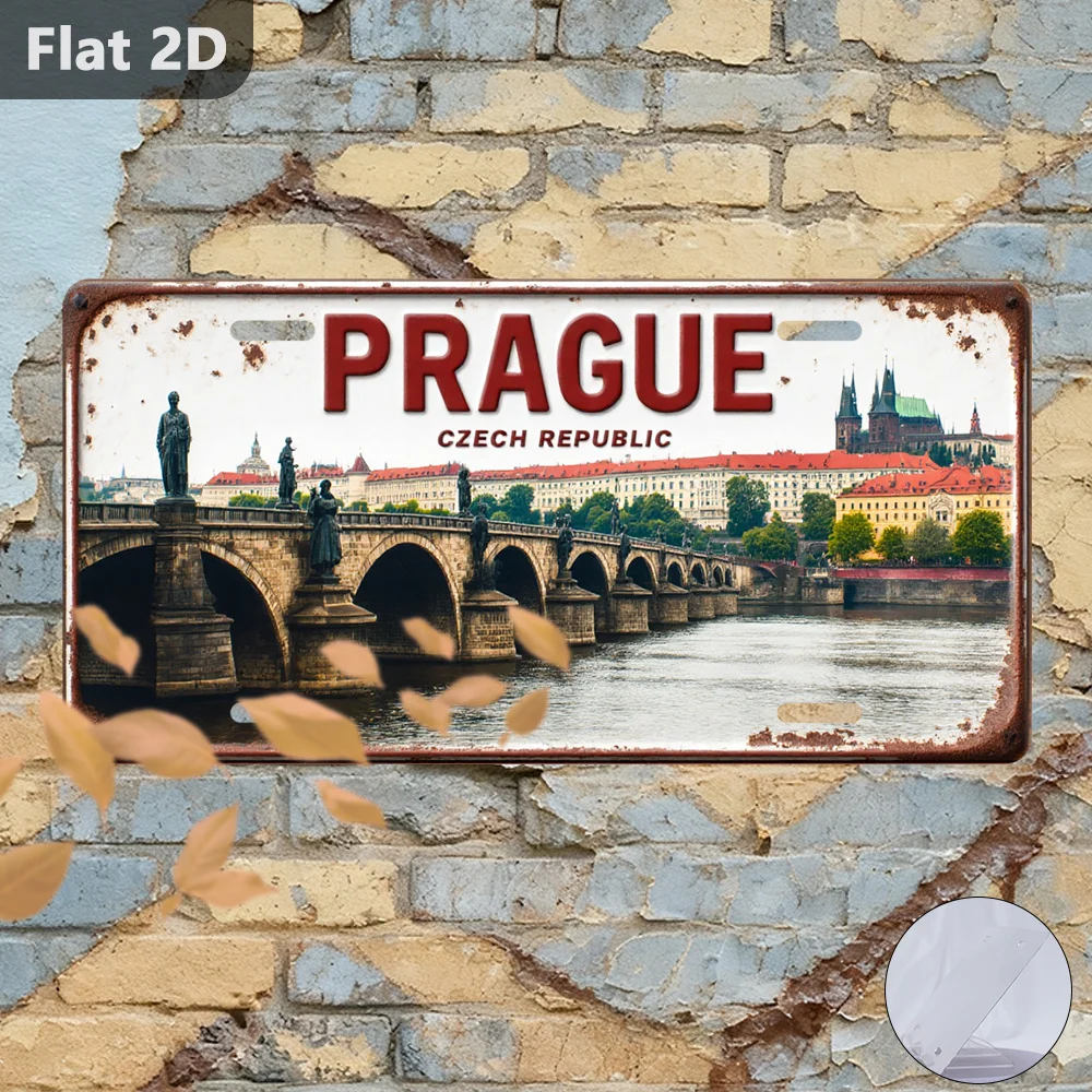 Retro Prague Cityscape Bridge Wall Art, Vintage Home Decor Sign for Café Garage Garden, 12x5.9 Inch Flat 2D Decorative Painting