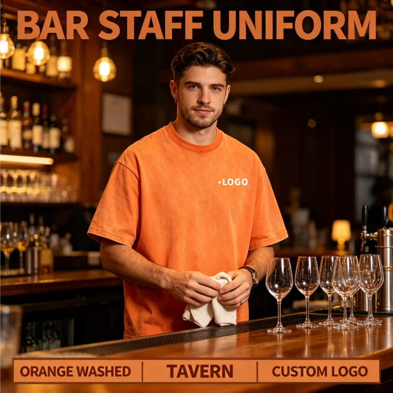 Vintage Washed T Shirt for Bar Staff Custom Logo Oversized Short Sleeve Tavern Uniform Heavyweight Cotton Tee