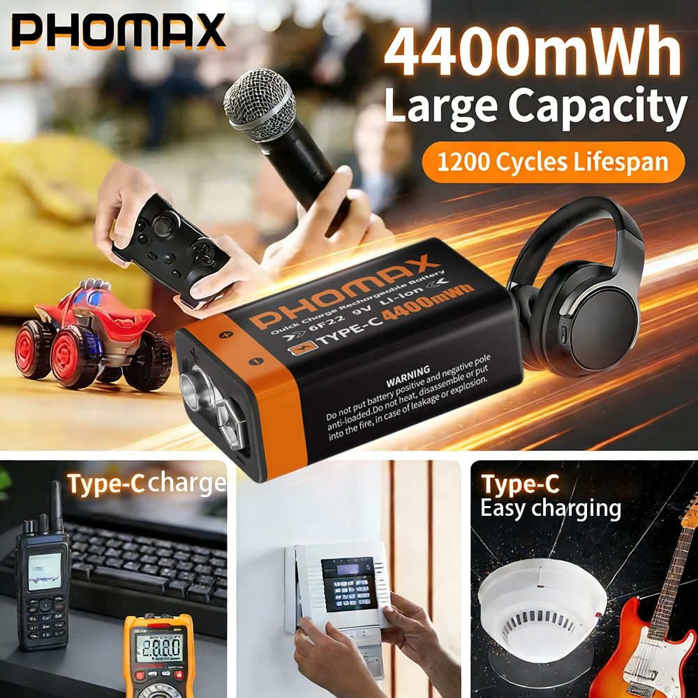 

PHOMAX 9V 4400mWh USB Rechargeable Batteries Lithium Battery 6F22 for Multimeter Microphone Toy Guitar KTV With Type-C Cable