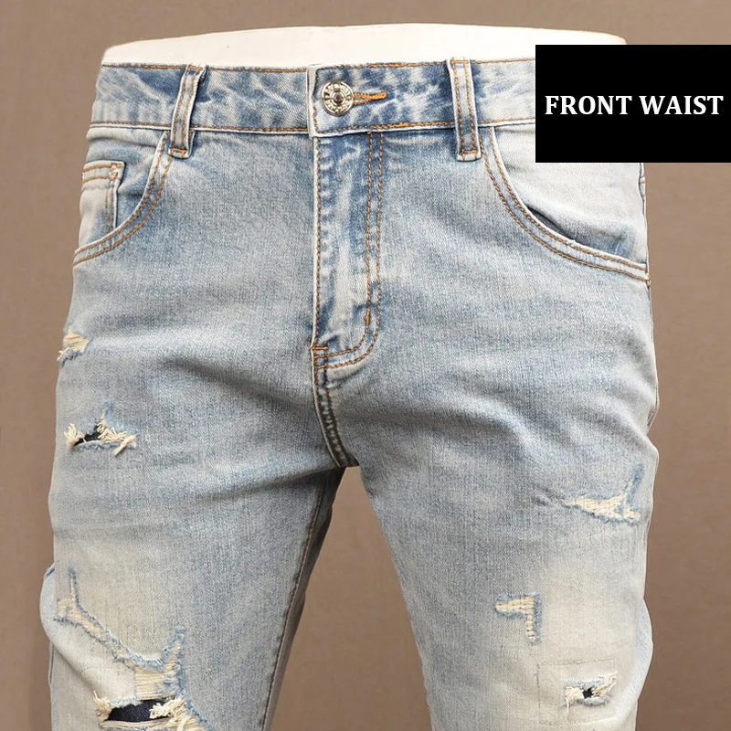 

Y2kFashionable new men's light blue jeans, scratch washed, nostalgic stretch slim fit jeans, retro straight pencil pants, hombre