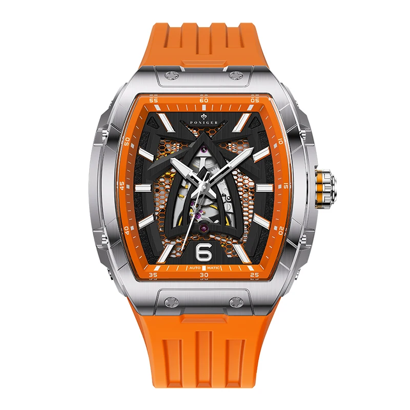 Мужские автоматические часы PONIGER, 44 мм, корпус Tonneau, механические наручные часы, сапфировый светящийся полый циферблат, резиновый ремешок