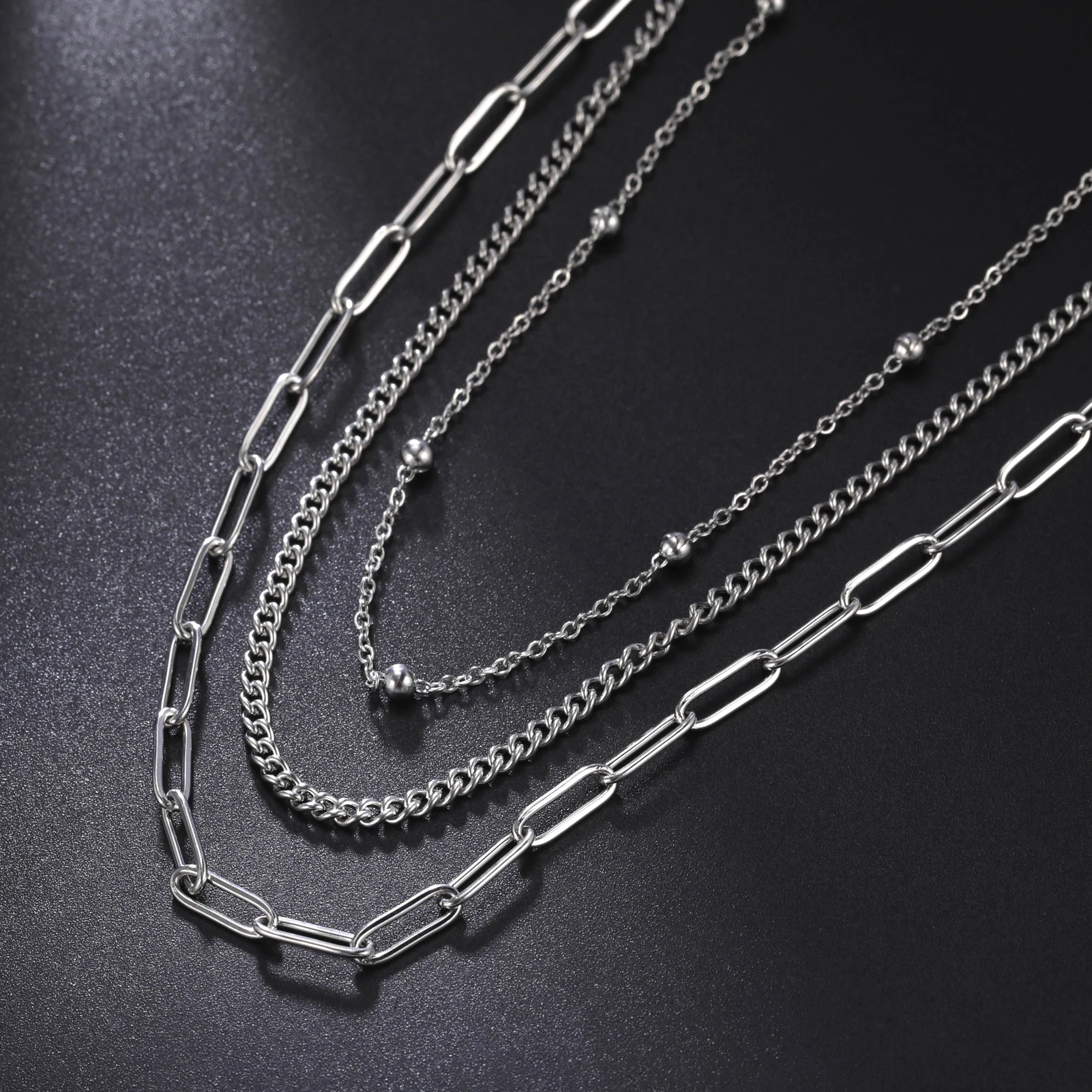 Stainless Steel Three Layer Necklace for Men Women Hip Hop Cuban Chain Necklace Simple Bead Choker Jewelry for Party Gift