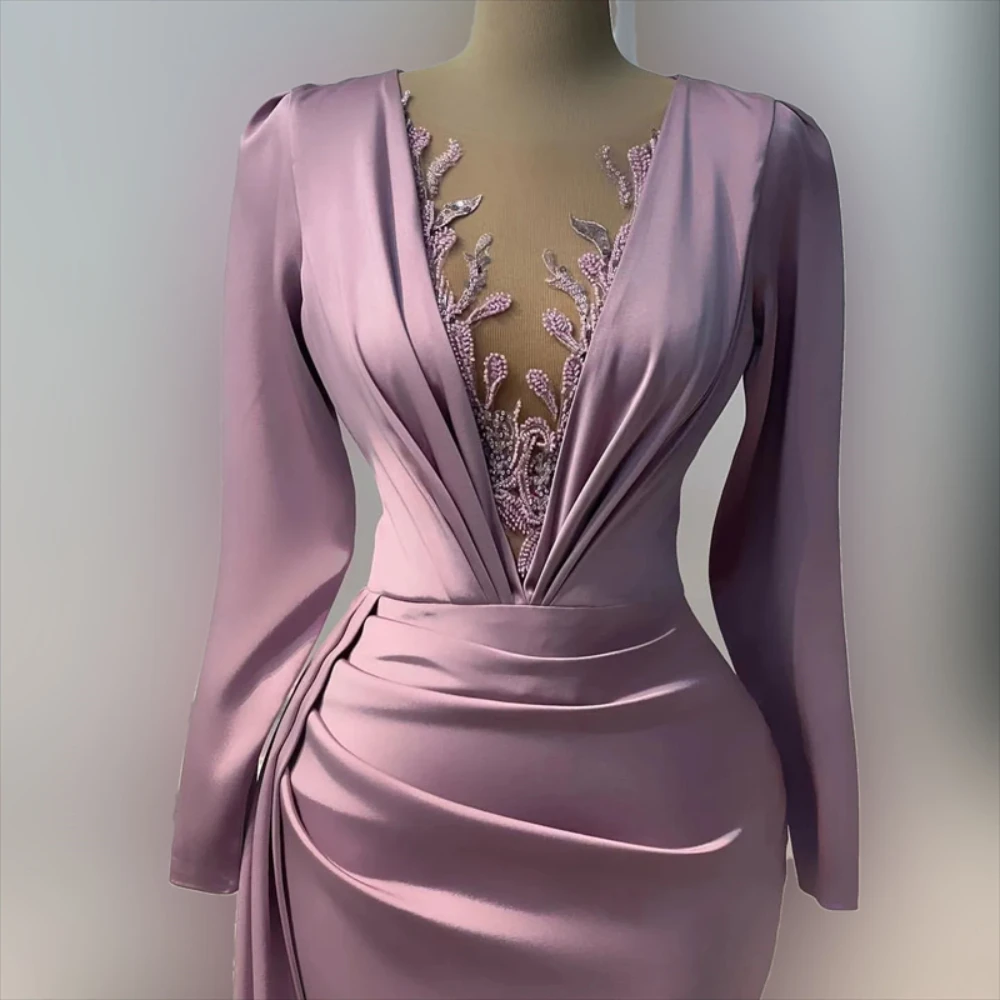 Elegante e elegante vestido de baile, Vestido rosa profundo, Manga comprida, Decote em V, Vestido sereia, Árabe, Baile Dubai, Vestido de aniversário, 2024