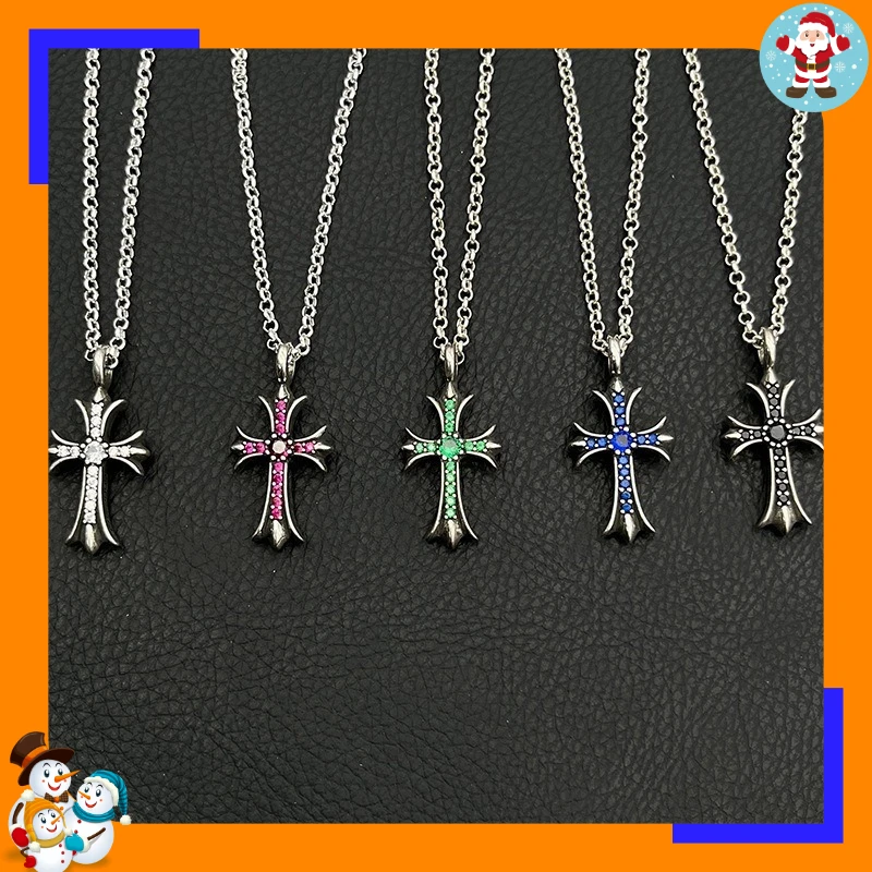 Premium Retro Cross Necklace with Diamonds, Femininity, Niche Colored Diamond Pendant, Classic Sweater Chain Gift.