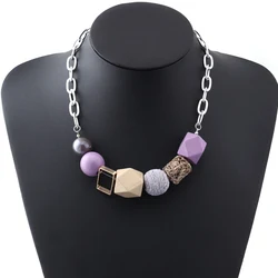 Purple Color Geometric Korean Clavicle Necklaces & Pendants for Women Wood Beaded Simple Statement Necklace New Jewlery