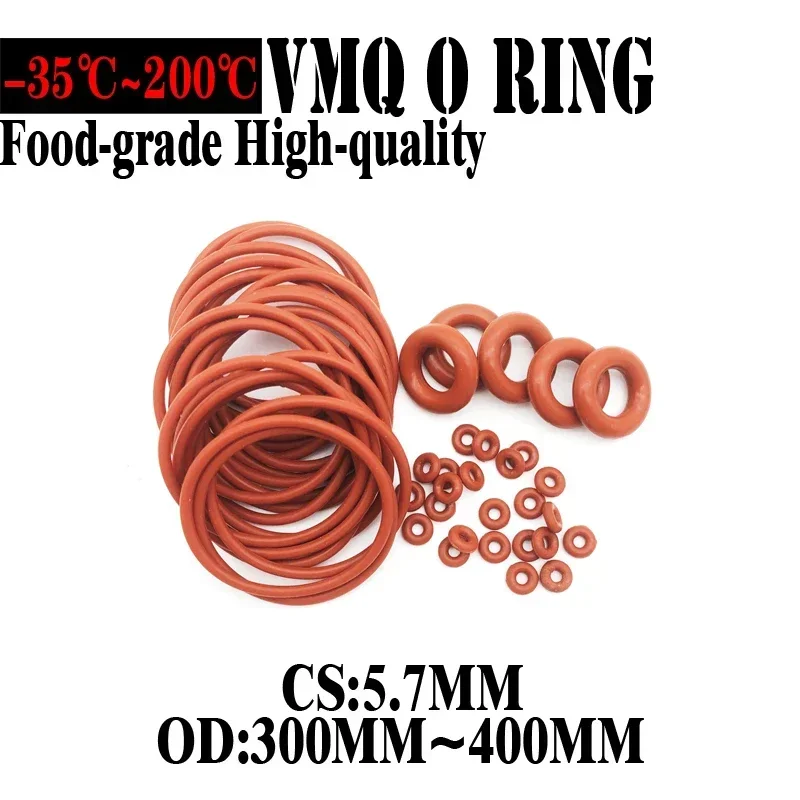 5pcs Red VMQ Silicone O Ring CS 5.7mm OD 300 ~ 400mm FoodGrade Waterproof Washer Rubber Insulated Round Shape Seal Gasket