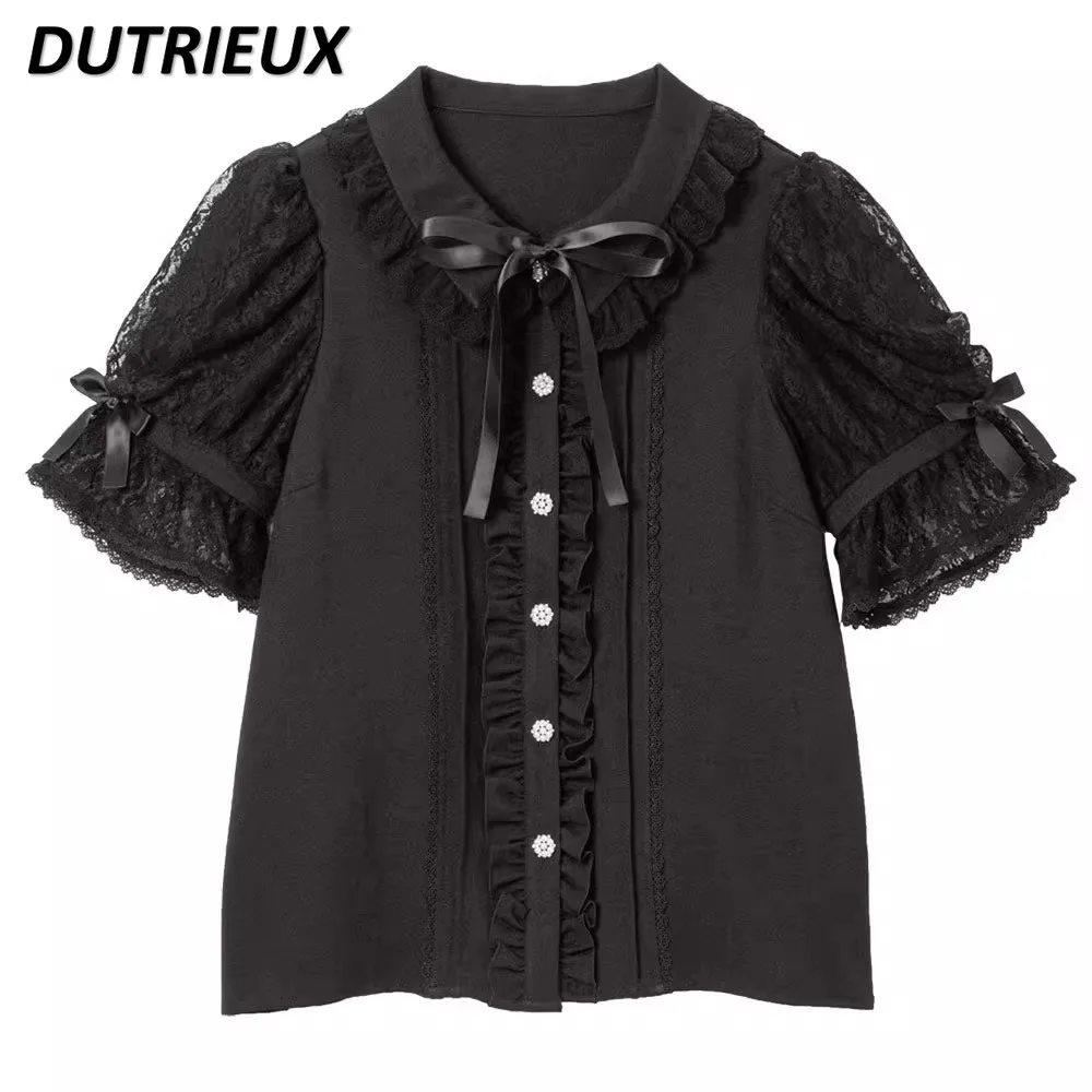 Imagem -02 - Blusa Chiffon de Manga Curta Feminina Top Japonês Fita Queimada Laço Renda Babados Preto e Branco Lolita Doce