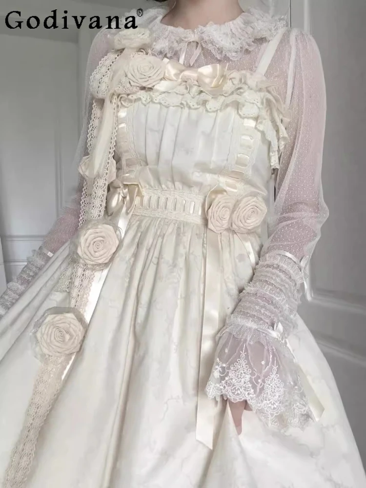 

Элегантная кружевная газовая рубашка в стиле Лолиты с длинными рукавами и круглым вырезом, весенне-осенний новый милый универсальный топ в стиле ретро на Хэллоуин