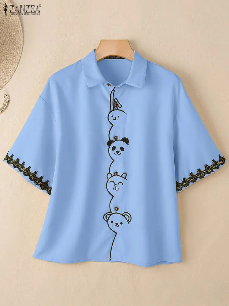 ZANZEA レディース レース パッチワーク 半袖シャツ 夏 2025 カジュアル ターンダウンカラー 刺繍入り 漫画ボタンアップ デイリートップス 3XL