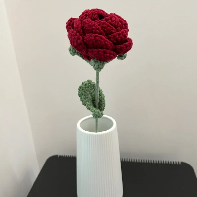 1pc Romantic Wine Red Knitted Rose Bunch Diy Finished Flower Crafts Valentine's Days Wedding Couple Gift Hand Crochet Home Decor