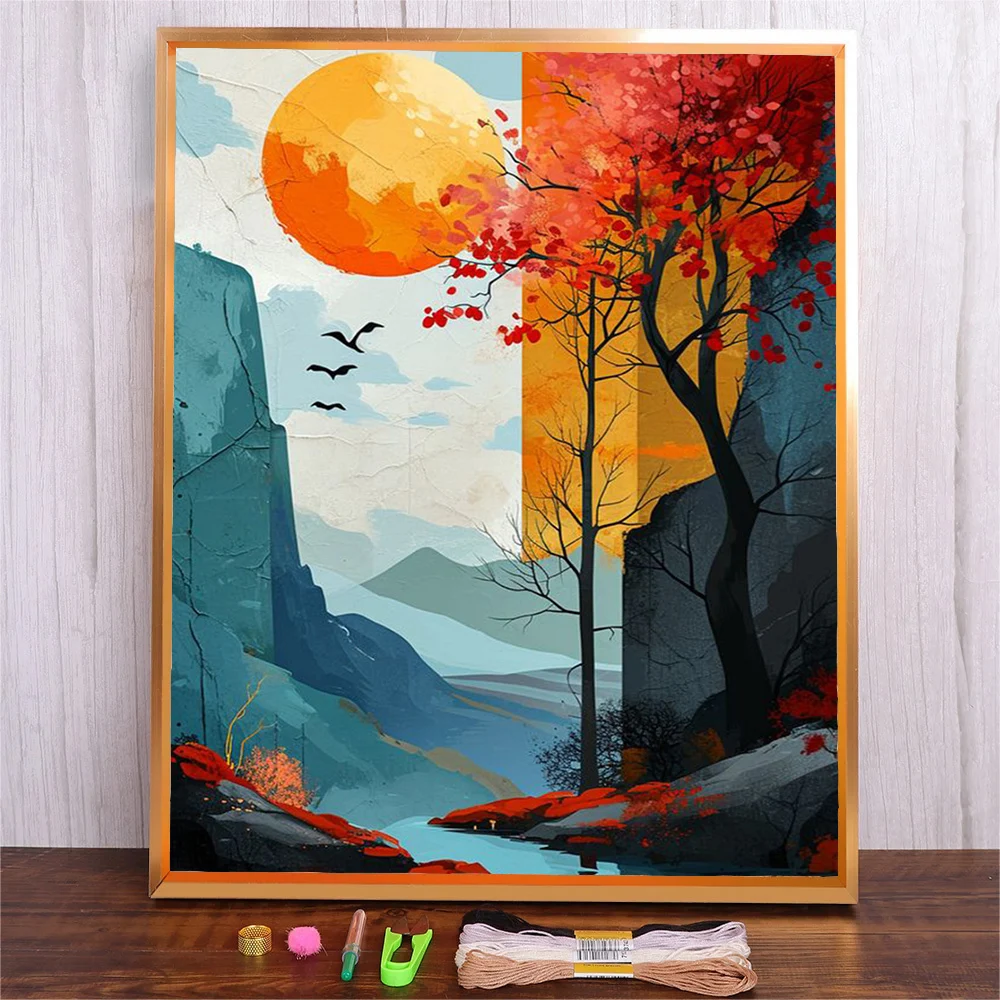 

DIY Stamped Embroidery Starter Kit With Abstract Landscape Pattern Sunset Printed Embroidery Cotton Threads Cross Stitch Kit