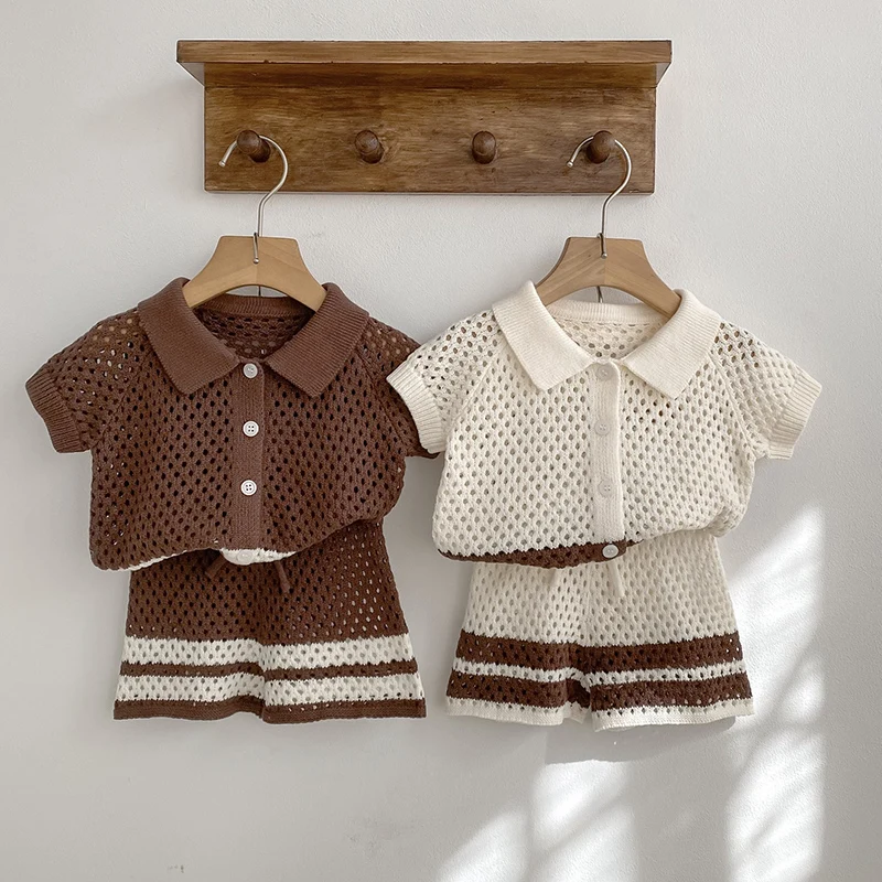 2026 New Summer 0-4Yrs Infant Baby Girls Boys Clothing Set Short Sleeved Knitted Cardigan+Shorts Toddler Baby Clothes Suit